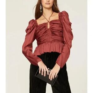Ulla Johnson Mirelle Size 10 Ruched Satin Blouse Top Desert Rose Long Sleeve